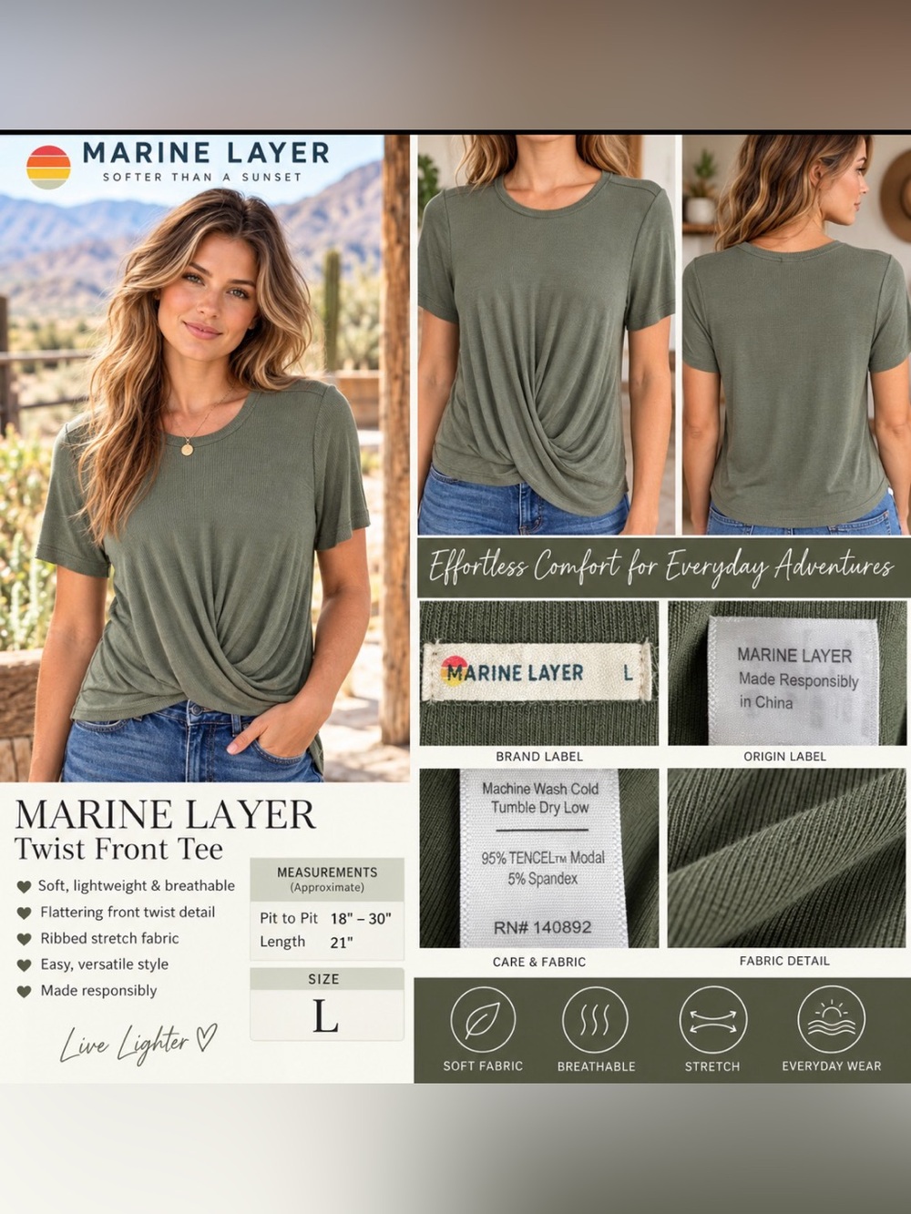 Marine Layer Olive Twist Front Tee - Green